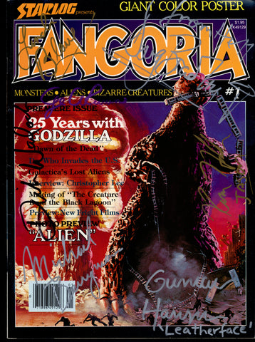 FANGORIA #1, GODZILLA, RARE Autographed signed by 50+ Horror, S-F Superstars, Christophe Lee, Elvira, George A. Romero, Bruce Campbell, Living Dead