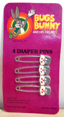 BUGS BUNNY and His Friends, 1977, Baby Diaper Safety Pins, Sealed on Card, Warner Bros Cartoon Character, Vintage Collectible