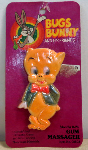 Bugs Bunny and His Friends, PORKY PIG, 1977, Baby Gum Massager, Sealed on Card, Warner Bros Cartoon Character, Vintage Collectible