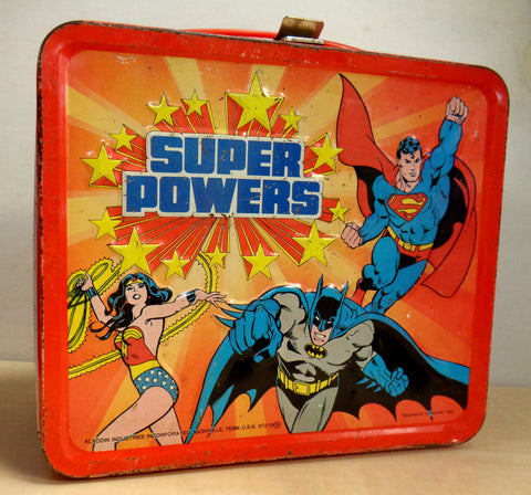 DC Comics, SUPER POWERS,Aladdin Metal Lunchbox,1983,Superman,Wonder Woman,Batman,Robin,Justice League, Gotham,Jerry Siegel, Joe Shuster,Dcu