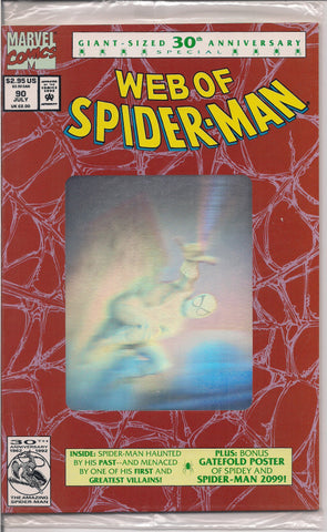 Marvel Comics,WEB of SPIDER-MAN 90,1992,30th Anniversary,Polybagged Unopened Hologram Cover,Spider-Man 2099 Poster,Peter Parker