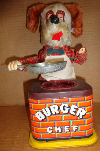 Battery Operated BURGER CHEF 1960s mechanical tin litho & plush toy DOG