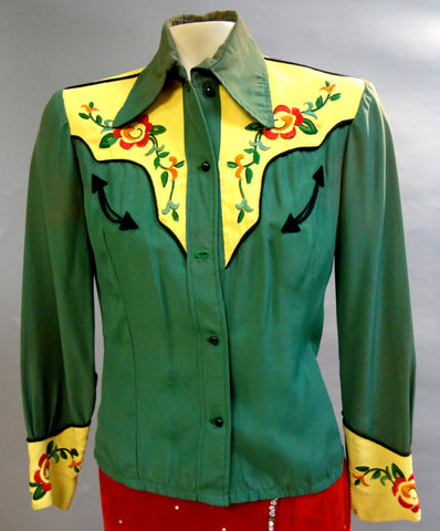 Nifty Green & Yellow Fifties COWGIRL Western embroidered Gab Shirt Small