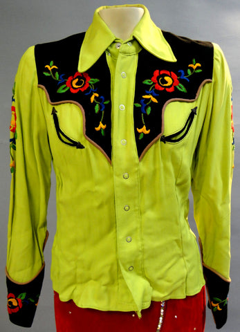 Spectacular Brilliant Lime Green ROCKABILLY Fifties Embroidered COWGIRL Top Western Shirt Small
