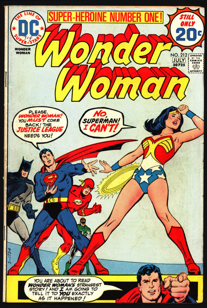 WONDER WOMAN #212 1974 Superman BATMAN Green Lantern Flash Classic Len Wein Curt Swan Feminist Amazon Super-Hero