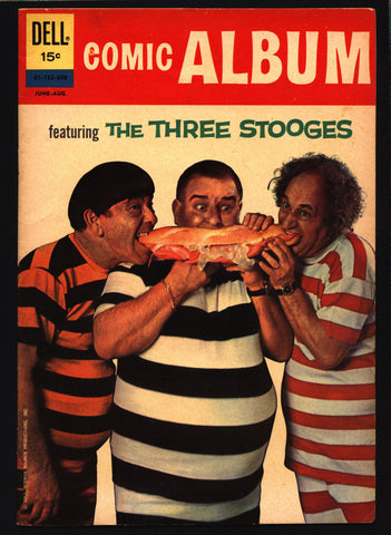 THREE STOOGES Dell Comics Comic Album #18 TV Comedy #01-132-208 Moe Howard, Larry Fine, Curly Joe, slapstick parody