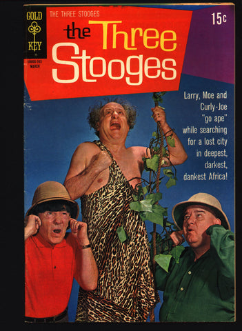 THREE 3 STOOGES #50 Gold Key Comics TV Comedy #10005-103 Moe Howard, Larry Fine, Curly Joe, Africa Jungle Monkey Business slapstick parody
