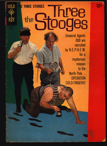THREE STOOGES #28 Gold Key Comics TV Comedy #10005-605 007 Moe Howard, Larry Fine, Curly Joe, slapstick James Bond Man from Uncle Spy Parody