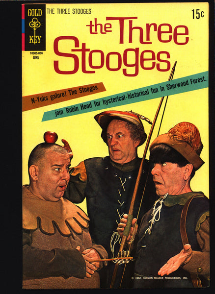 3 THREE STOOGES #47 Gold Key Comics TV Comedy #10005-006 Moe Howard, Larry Fine, Curly Joe, Slapstick Robin Hood Merry Men Parody