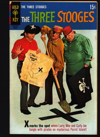 THREE STOOGES #46 Gold Key Comics TV Comedy #10005-003 Moe Howard, Larry Fine, Curly Joe, slapstick Pirates Buried Treasure parody