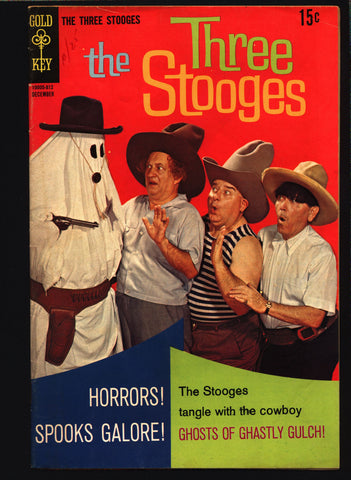 THREE STOOGES #41 Gold Key Comics TV Comedy #10005-812 Moe Howard, Larry Fine, Curly Joe, slapstick Ghosts & Cowboys Parody