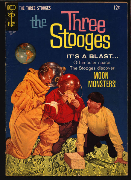 3 THREE STOOGES #29 Gold Key Comics TV Comedy #10005-607 Moe Howard, Larry Fine, Curly Joe, Moon Monsters Slapstick SciFi Parody